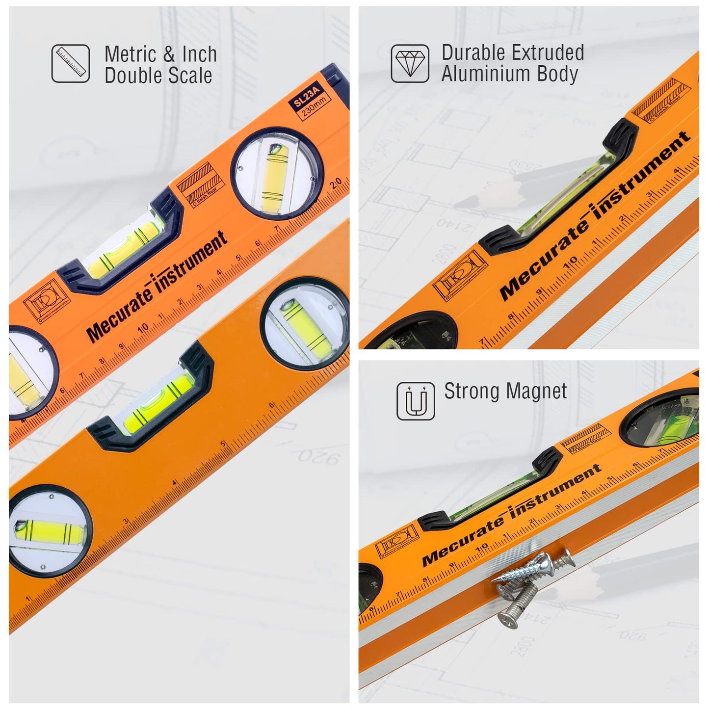 - Mecurate Spirit Level | 9 inch | 230mm | Metric Scale Magnetic Torpedo Level -