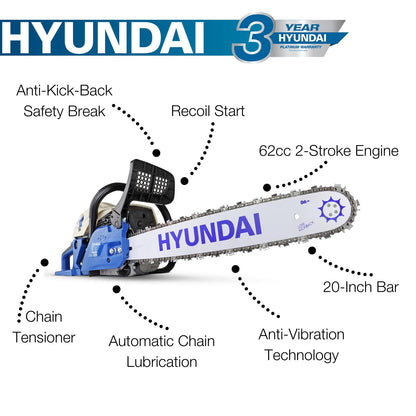 - Hyundai 62cc 20” Petrol Chainsaw | 2-Stroke Easy-Start -