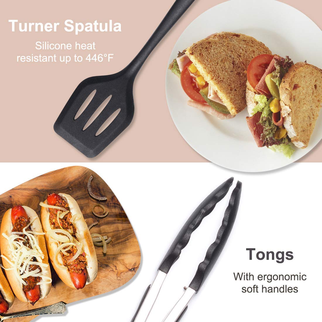 - 10-Piece Silicone Kitchen Utensil Set - Non-Stick, Heat Resistant Cooking Utensils Set of Spatula, Turner, Spoons, Tong, Oil Brush and Whisk (Black)