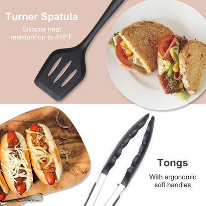 - 10-Piece Silicone Kitchen Utensil Set - Non-Stick, Heat Resistant Cooking Utensils Set of Spatula, Turner, Spoons, Tong, Oil Brush and Whisk (Black)