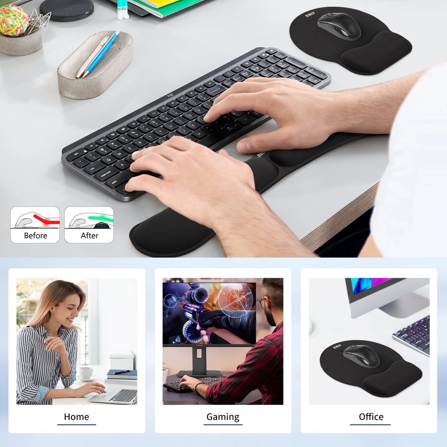- ZIBLY Keyboard wrist rest and Mouse mat wrist support, Comfortable Memory Foam Mouse pad wrist support cushion with Anti-Slip Grip for Office Computer Laptop Working Gaming