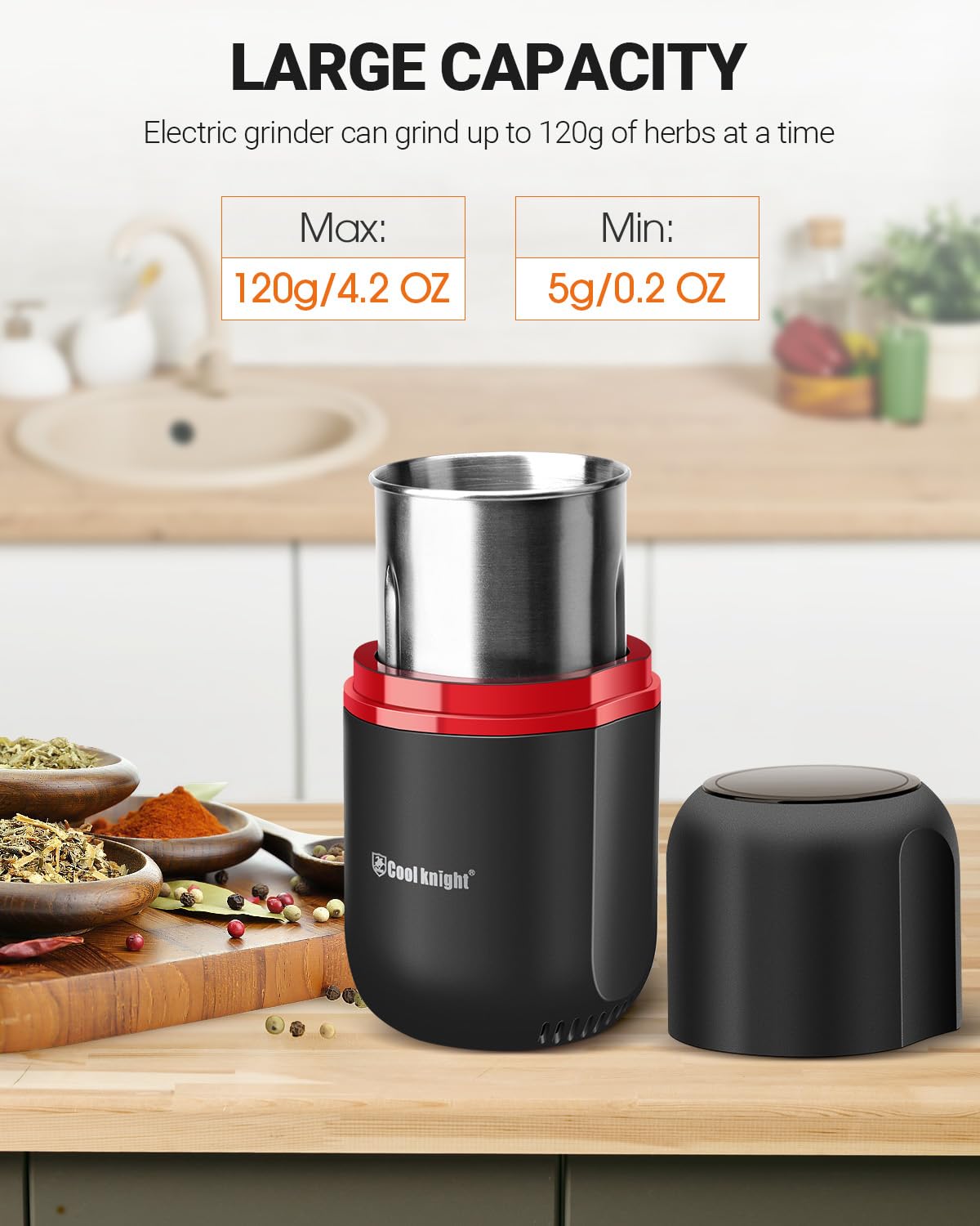 COOL KNIGHT Coffee Grinder Electric,Spice Grinder, Electric Coffee Grinder with 304 Stainless Steel Blade, Suitable for Coffee Beans, Spices, Herbs, Grain, Nuts.