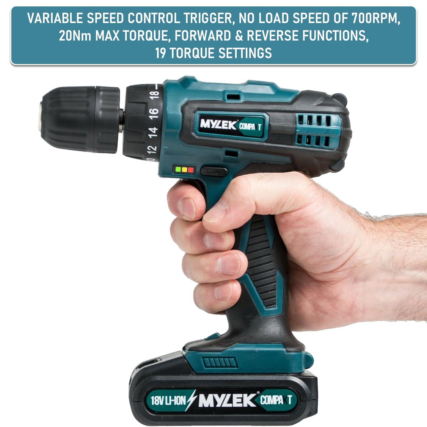 - MYLEK 18V Cordless Drill | Lithium Ion Drills Driver Screwdriver Set -