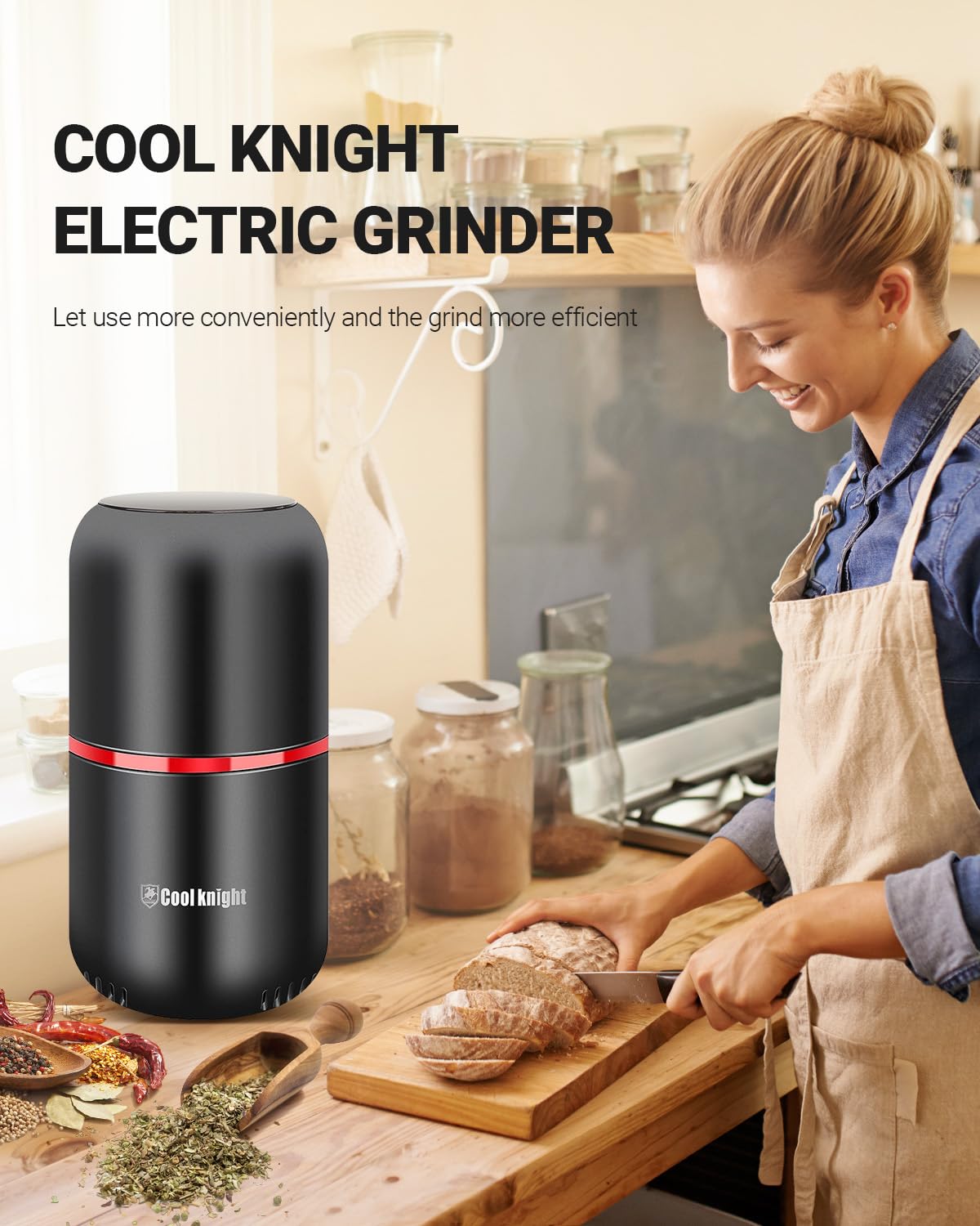 COOL KNIGHT Coffee Grinder Electric,Spice Grinder, Electric Coffee Grinder with 304 Stainless Steel Blade, Suitable for Coffee Beans, Spices, Herbs, Grain, Nuts.