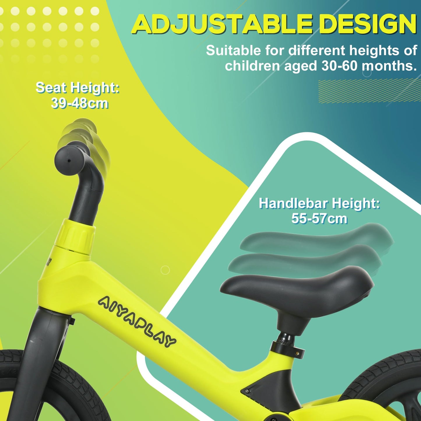AIYAPLAY 12" Balance Bike with Adjustable Seat and Handlebar Training Bike with PU Wheels for Kids and Toddlers 2.5 to 5 Years Green