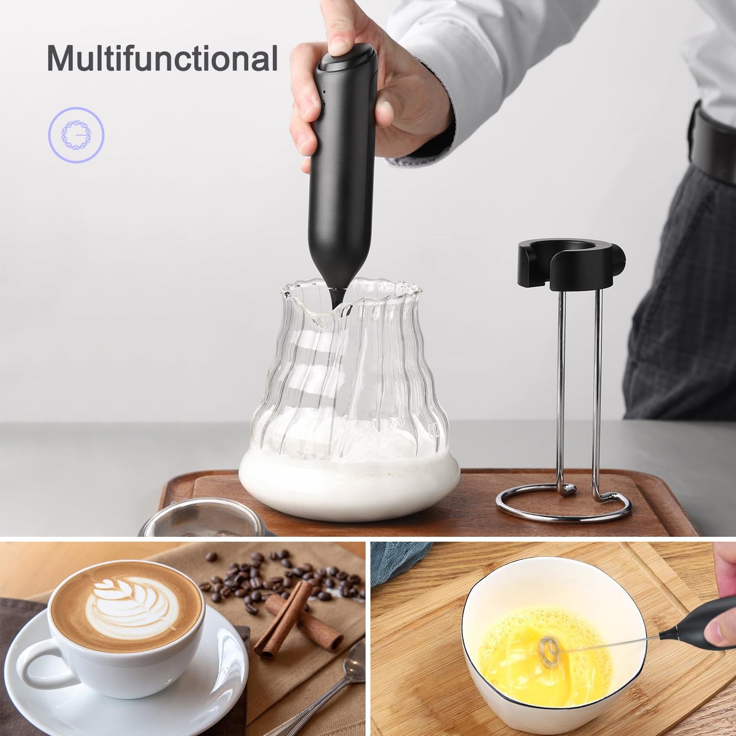 - ELMWAY Rechargeable Milk Frother Handheld | Integrated Charging Stand | 13000rpm Motor Stainless Steel Mixing Head Electric Whisk -