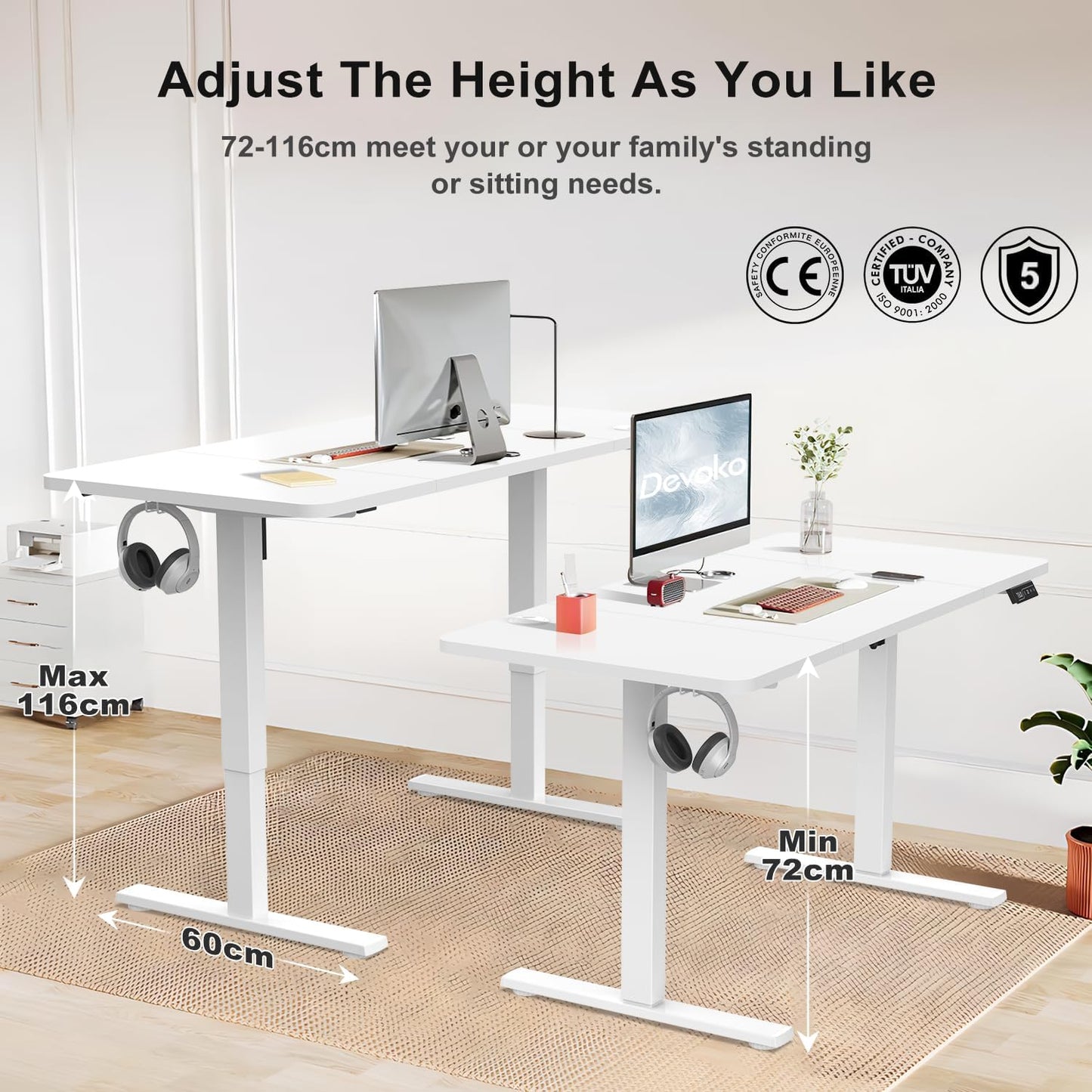 Devoko Electric Standing Desk 120x60cm Sit Stand Table Height Adjustable Desk with Backpack Hook and Memory Smart Pannel, White