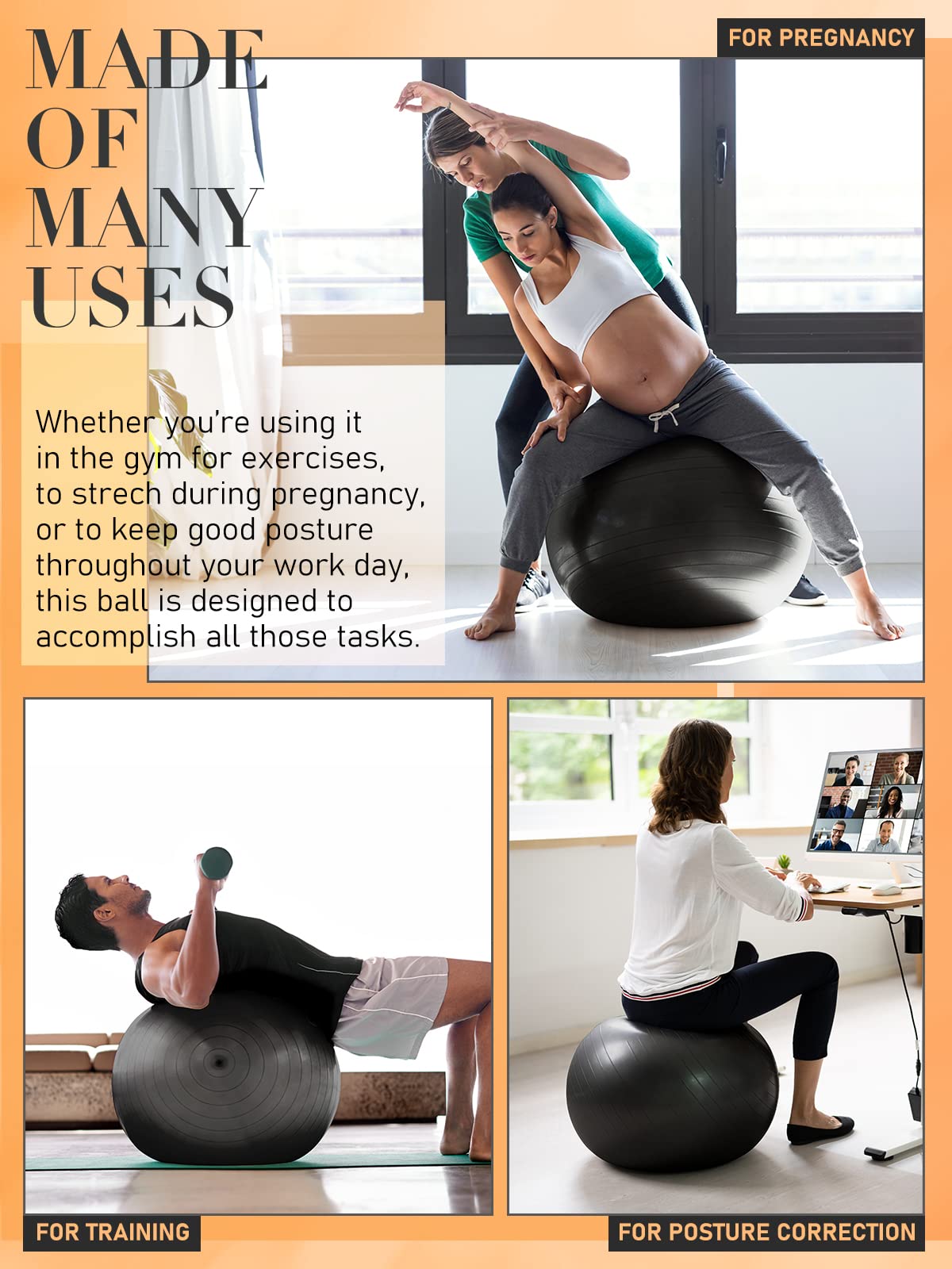 - PhysKcal Gym Ball | 55cm Black Exercise Swiss Ball -