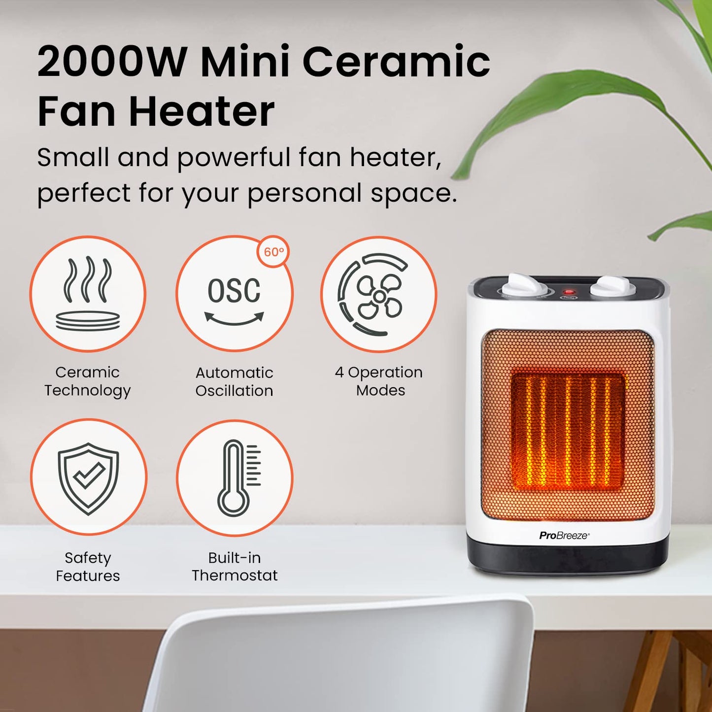 - Pro Breeze® 2000W Ceramic Fan Heater | Electric Heater with Automatic Oscillation -