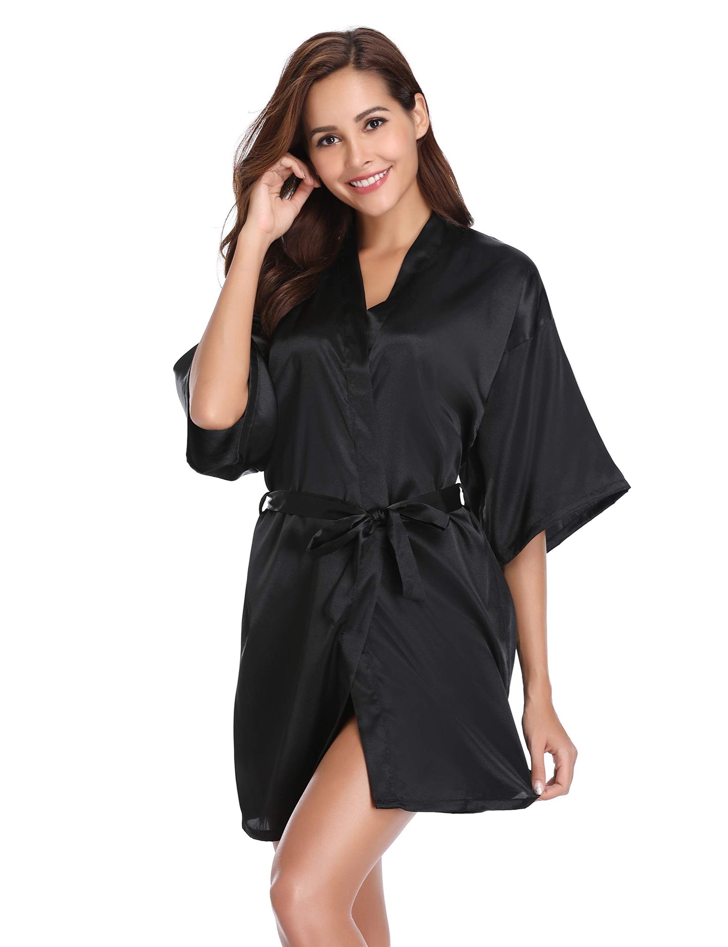 - Vlazom Women's Kimono Robes Dressing Gown Satin Bathrobe Nightdress Pure Colour Short Style with Oblique V-Neck -