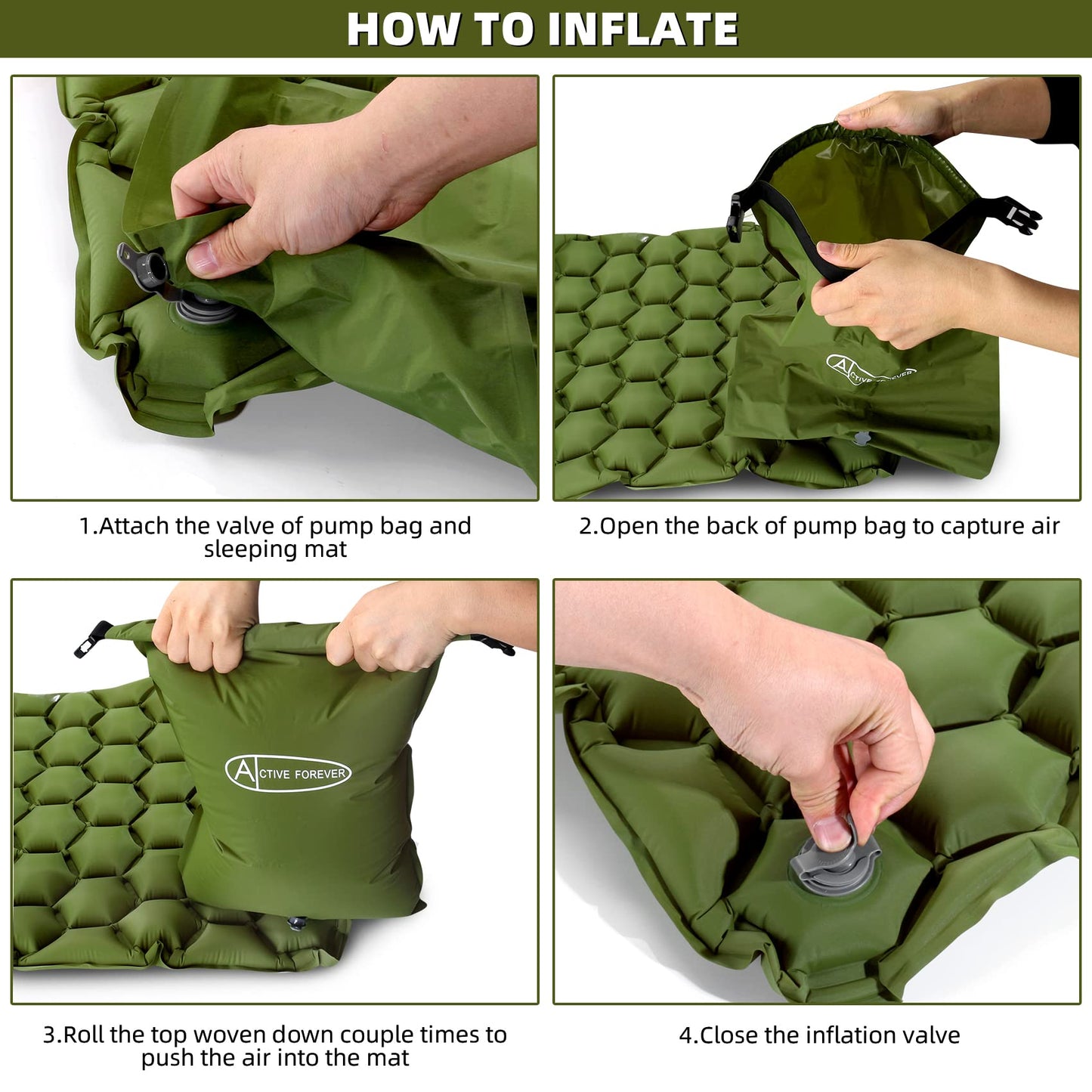 ACTIVE FOREVER Inflatable Camping Mat, Ultralight Sleeping Mat with Pillow and 20L Pump Sack, Waterproof Air Mattress Single Pad Bed for Outdoor Backpacking Hiking Beach, Army green