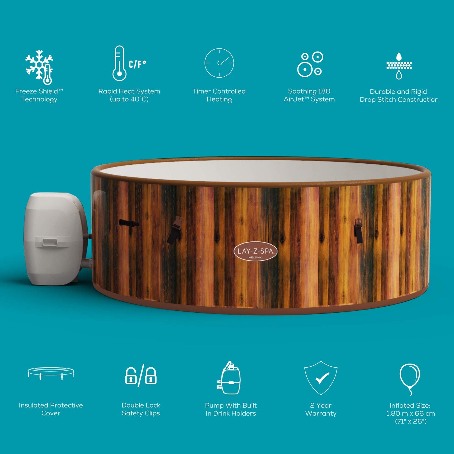 - Lay-Z-Spa 60025 Helsinki Hot Tub | 180 AirJet Wood Effect | Inflatable Spa | Freeze Shield Technology | Rapid Heating | 5-7 Person -