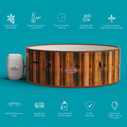 - Lay-Z-Spa 60025 Helsinki Hot Tub | 180 AirJet Wood Effect | Inflatable Spa | Freeze Shield Technology | Rapid Heating | 5-7 Person -