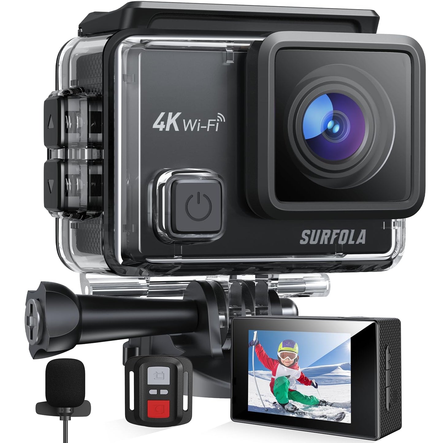 - Surfola 4K 30fps Action Camera | SF230 | 131ft Waterproof Underwater Camera | Camera for Vlogging | Includes External Mic -