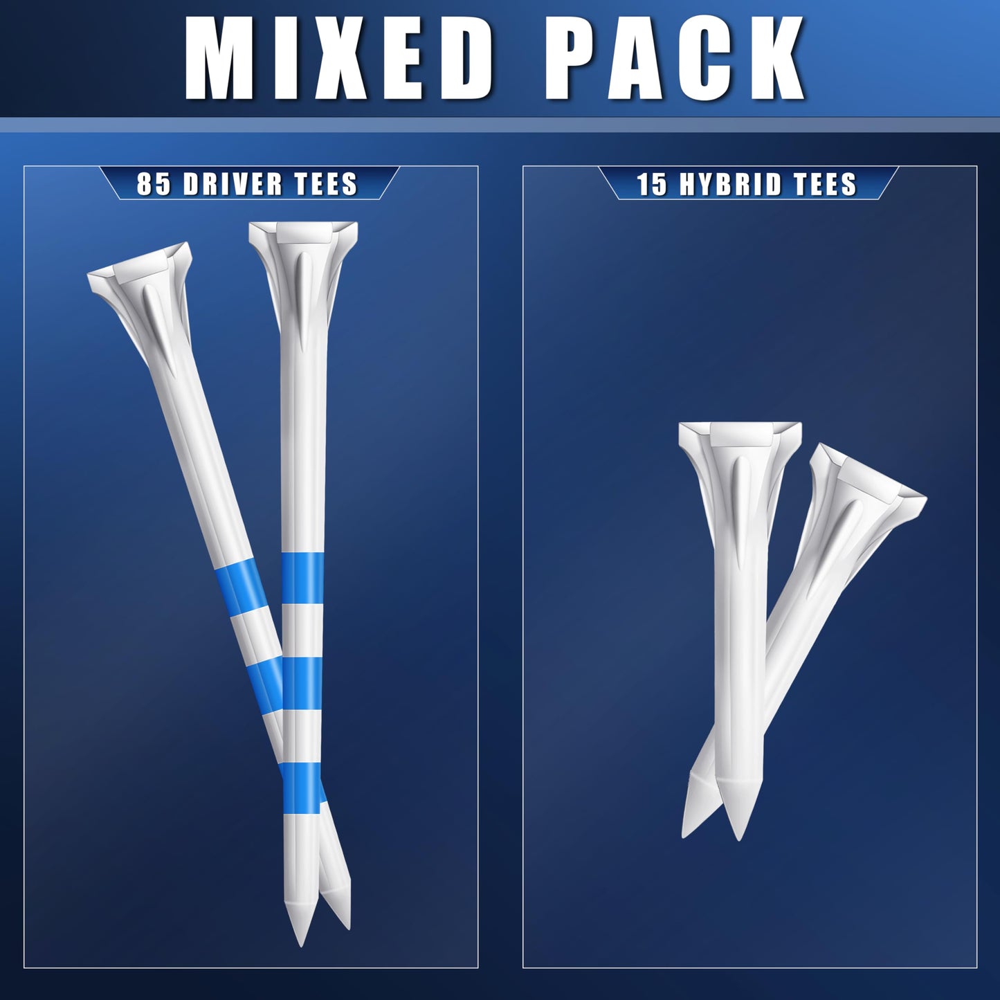 CHAMPKEY Original Plastic Golf Tees 100 Pack | 85 Driver Tees with 15 Iron/Hybrid Tees Mixed Pack | Low Friction and Resistance Golf Plastic Tees (3-1/4")