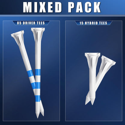 CHAMPKEY Original Plastic Golf Tees 100 Pack | 85 Driver Tees with 15 Iron/Hybrid Tees Mixed Pack | Low Friction and Resistance Golf Plastic Tees (3-1/4")