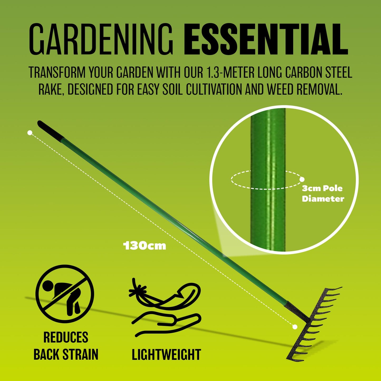 12 Tooth Lawn Rake - Shaft Garden Handle Leaf Metal Head Carbon Steel Heavy Duty | Garden Hand Tool | for Raking, Weed Removal and for Working the Soil