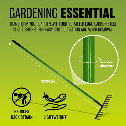 12 Tooth Lawn Rake - Shaft Garden Handle Leaf Metal Head Carbon Steel Heavy Duty | Garden Hand Tool | for Raking, Weed Removal and for Working the Soil