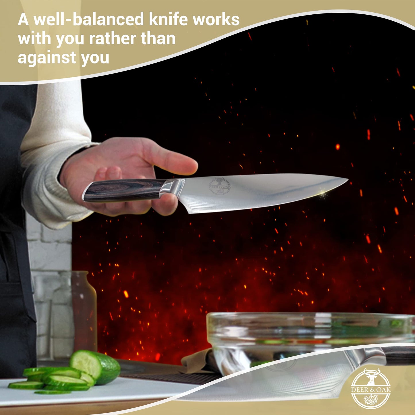 Deer & Oak 8" Chef Knife - 1 x Chef Kitchen Knife Made of Premium German Stainless Steel - Chef's Knife for Professional & Domestic Use - Sharp Chefs Knife - Perfectly Balanced Blade