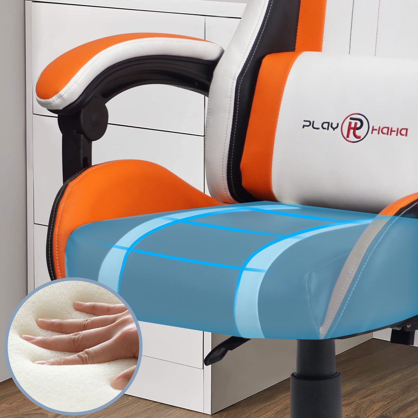 - T-THREE | Ergonomic Leather Gaming Chair | Height Adjustable with Headrest and Lumbar Support | Orange -