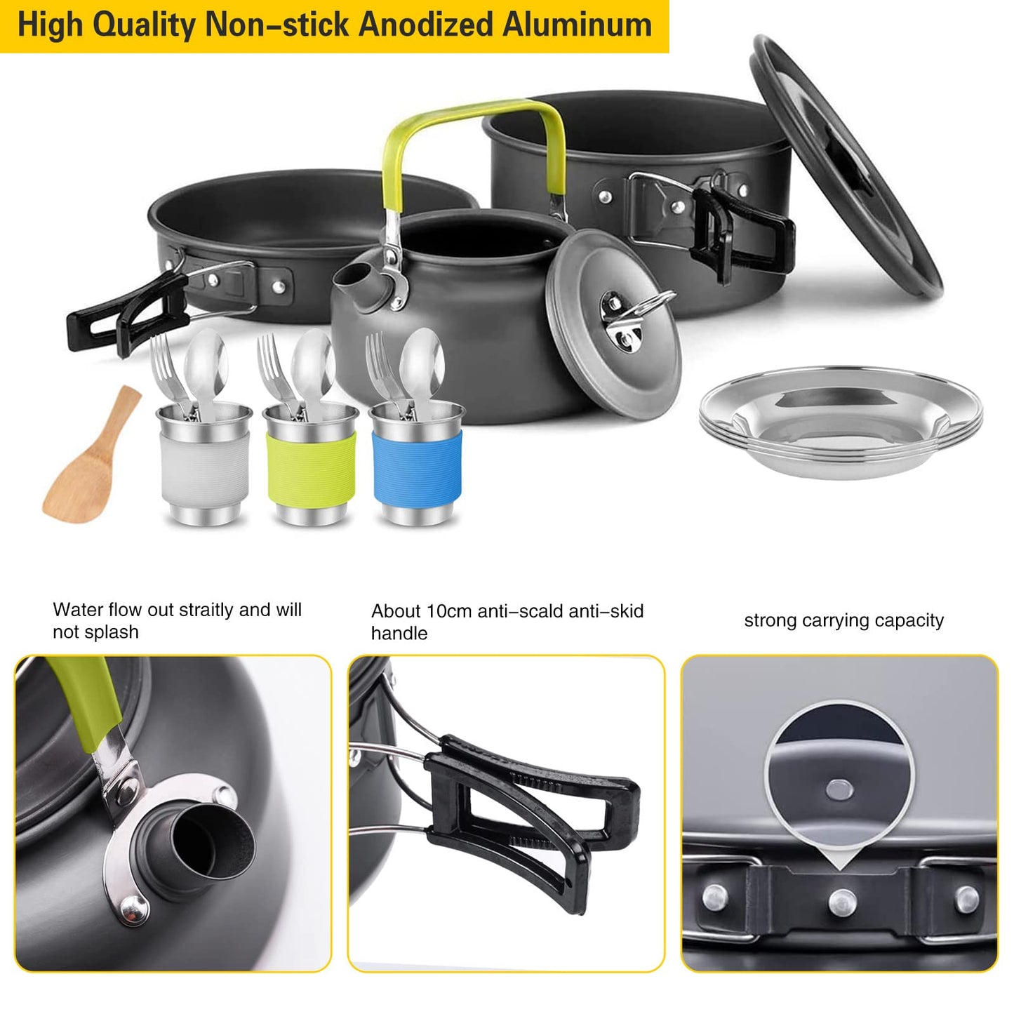 Camping Cookware Mess Kit, 19pcs Cooking Gear for Outdoor, AUHOU Cooking Equipment with Aluminum Pot and Pan Set, Stainless Steel Cup, Foldable Camping Pots for Hiking, Picnic