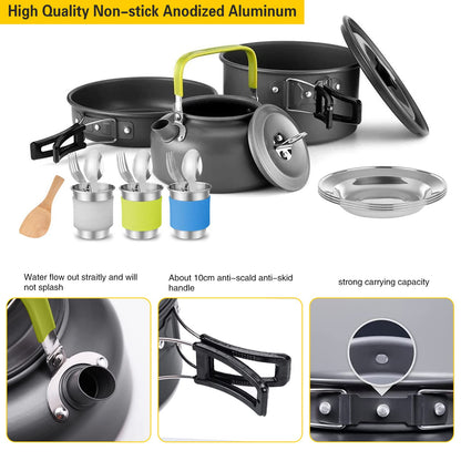 Camping Cookware Mess Kit, 19pcs Cooking Gear for Outdoor, AUHOU Cooking Equipment with Aluminum Pot and Pan Set, Stainless Steel Cup, Foldable Camping Pots for Hiking, Picnic