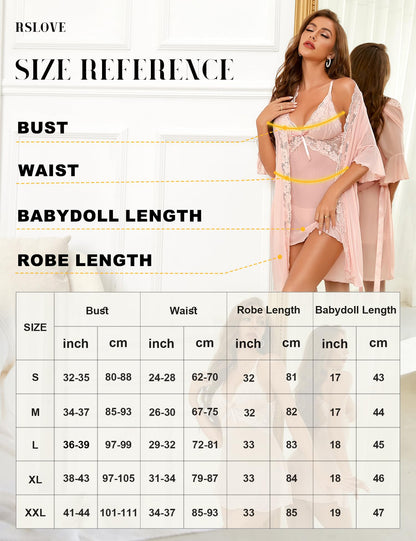 - RSLOVE Women's Sexy Lingerie | Lace Babydoll with Robe Nightdress Sleepwear | Pink M -