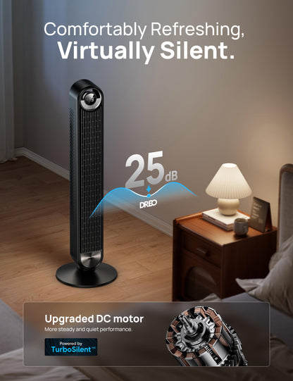 - Dreo 25dB Smart Silent Tower Fan | Upgrated DC 9 Speeds Utral-Quiet Floor Fan | 90° Oscillating Bladeless Cooling Fan | 4 Modes 12H Timer | Remote Control -