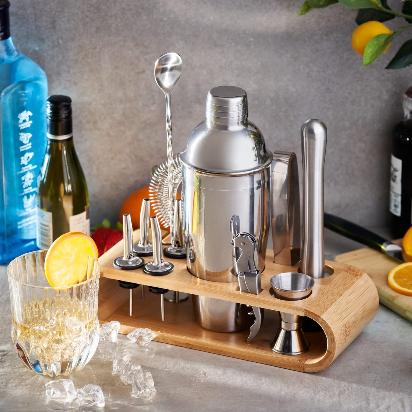 - SA Products 12 Piece Cocktail Shaker Set | Stainless Steel Cocktail Accessories | Bartender Kit with Drink Shaker, Jigger, Spoon, Strainer, Corkscrew, Ice Tongs, Pestle, Pourers, Bamboo Display Stand -