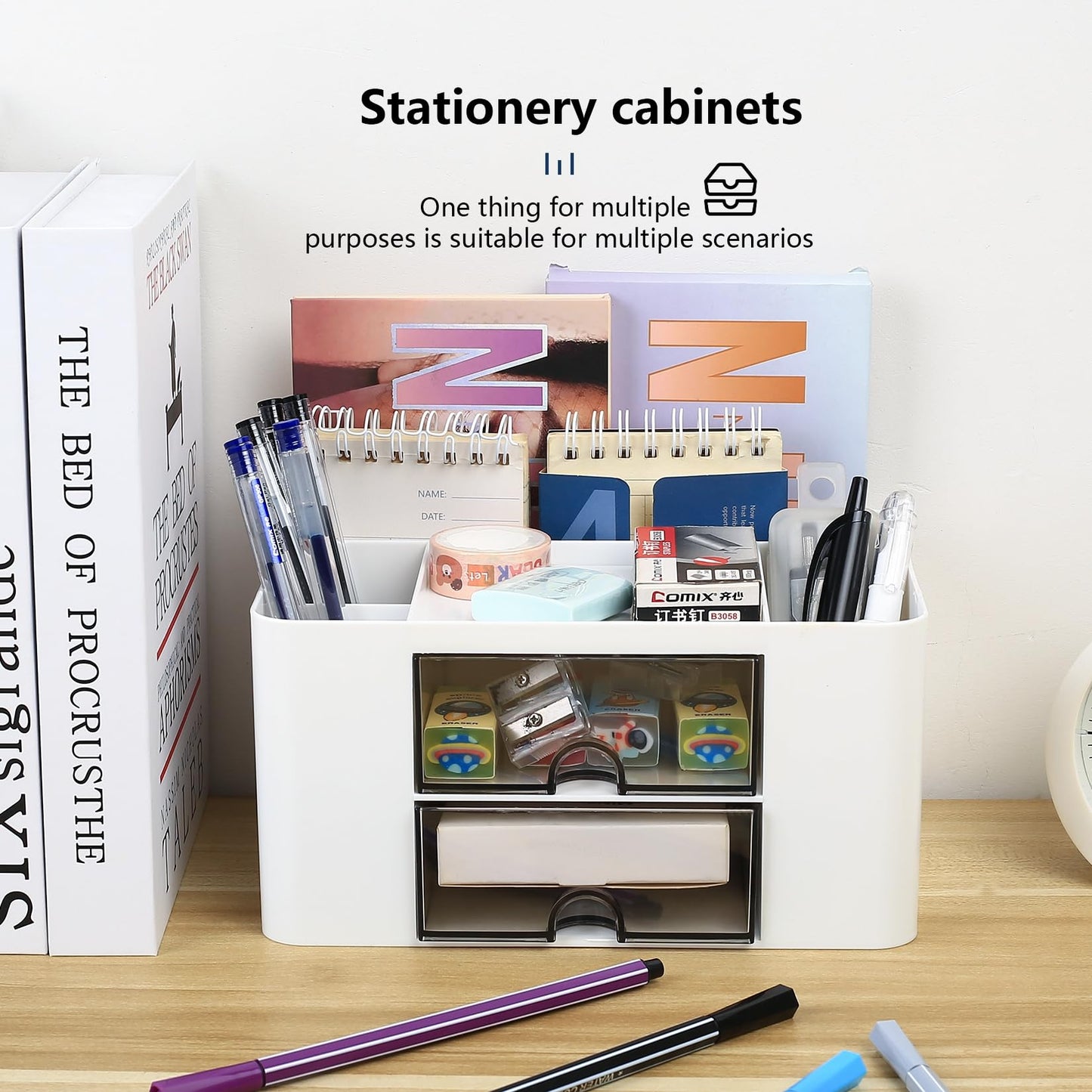 Desk Organiser Drawers, Desk Organiser with Drawer, Office Desk Supplies Organizer, Plastic Table Desktop Stationary Organiser Storage Pen Holder with 5 Compartments for School Office Home, White