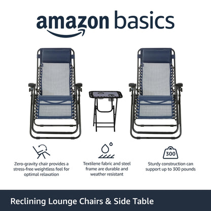 Amazon Basics Zero Gravity Alloy Steel Chair with Side Table For Relaxing, Cup Holders,Reclining,Foldable, Set of 2, Blue