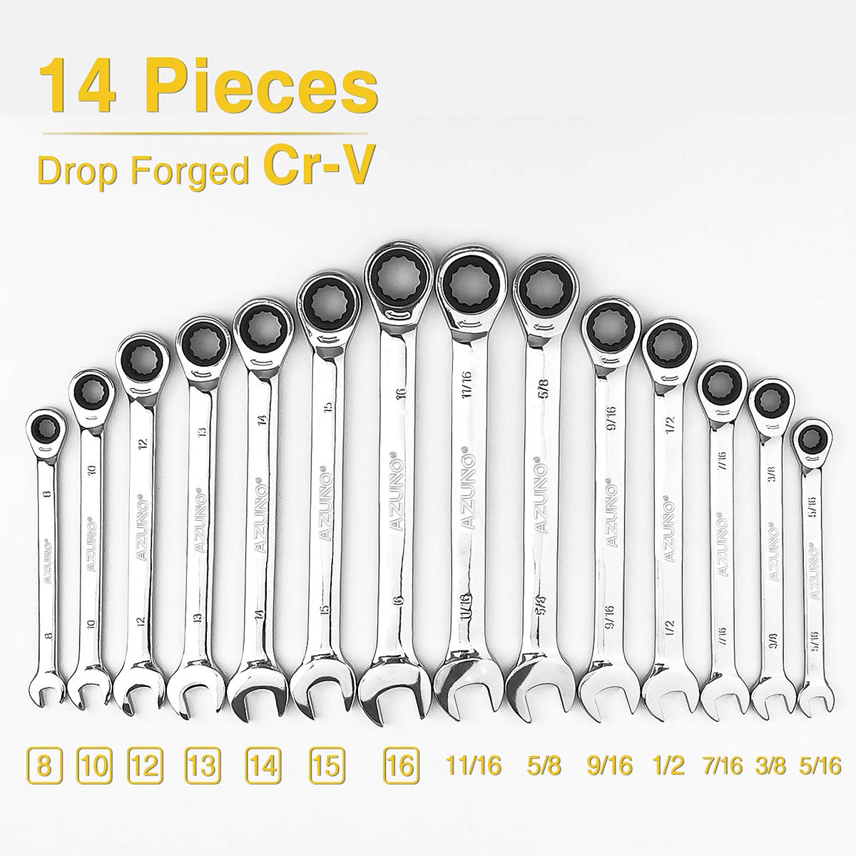 AZUNO Ratchet Spanner Set, 14-Piece Metric & SAE Combination Spanners, Chrome Vanadium Steel with Deluxe Case