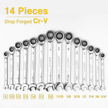 AZUNO Ratchet Spanner Set, 14-Piece Metric & SAE Combination Spanners, Chrome Vanadium Steel with Deluxe Case
