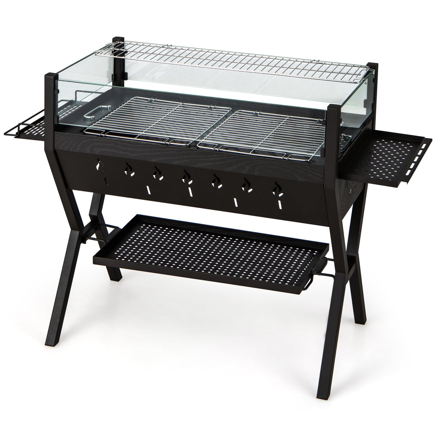 COSTWAY 2-in-1 Barbecue Grill, Metal Large Fire Pit with Glass Wind Guard, Seasoning Racks, Storage Shelf & Gloves, Outdoor Square Charcoal Smoker Heater for Party Camping