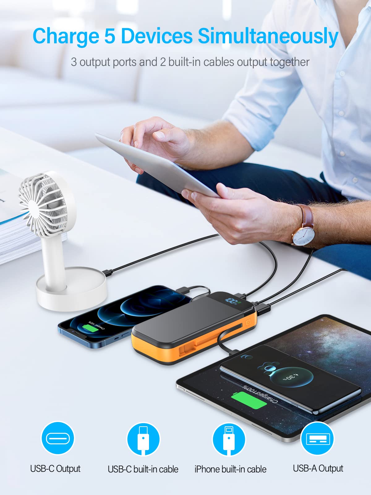 - Power Bank 42800mAh Huge Portable Charger | PD20W Fast Charging USB-C Input/Output | 5 Charging ports -