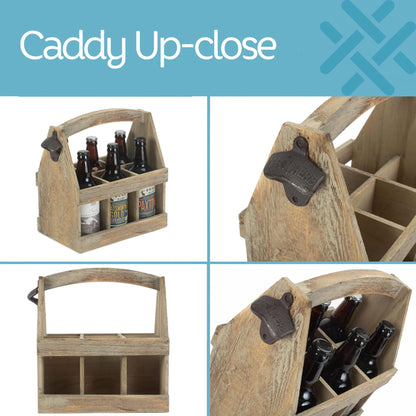 - Personalized Wooden Oak Beer Caddy | 6 Bottle Holder with Built-in Opener | Ideal Beer & Wine Gift Carrier -