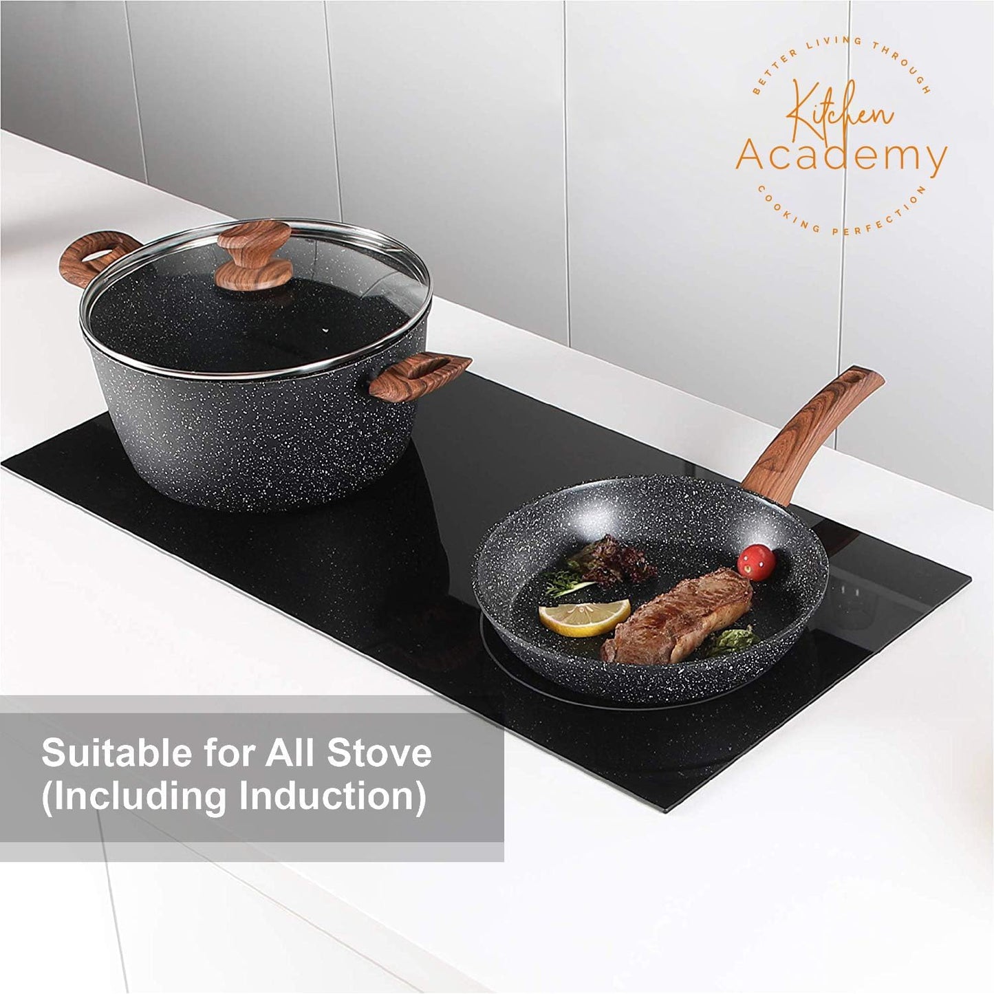 - Kitchen Academy Induction Hob Pots And Pans Set - 12 Piece Cooking Pans Set -