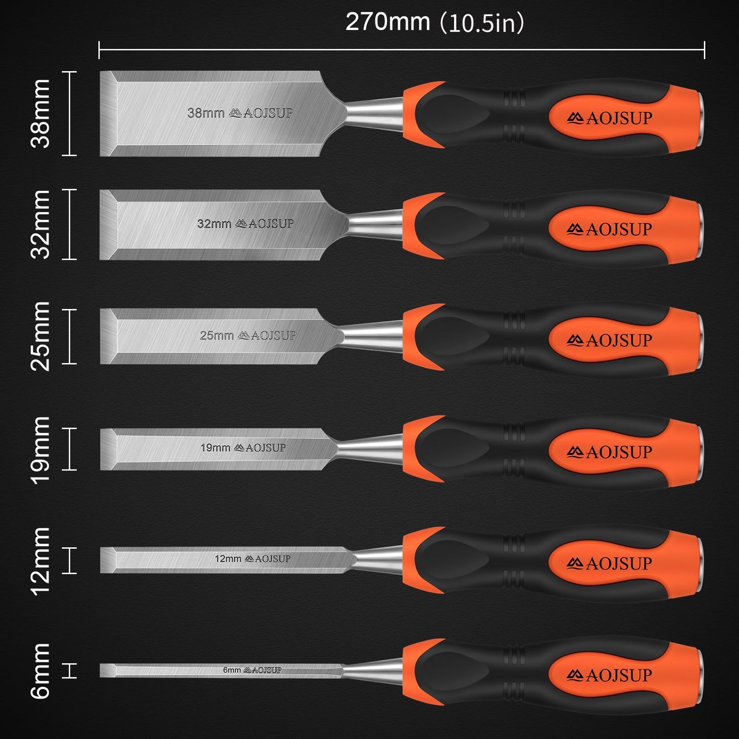AojSup Wood Chisel Set, 6-Piece Woodworking Carving Chisels (6mm, 12mm,19mm, 25mm, 32mm, 38mm), Sharp Bevel Edge Chisels with Sharpening Stone, Perfect for Woodworking, Wood Carving and Sculpting