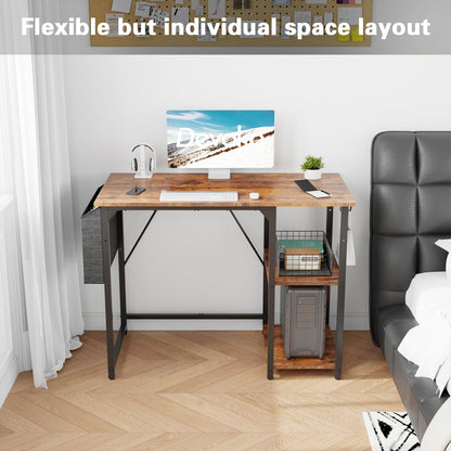 Devoko 100cm Computer Desk with Storage Shelves, Study Writing Desk Small Desks for Small Spaces, Home Office desk, Laptop Table for Home Workstations, Side Pocket Storage Bag, Rustic Brown