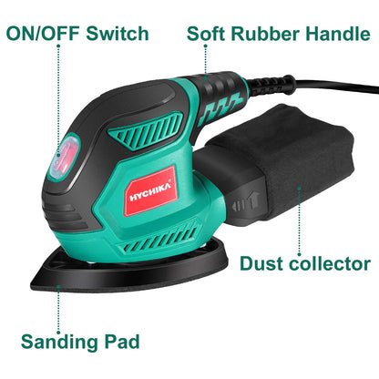 - HYCHIKA Sander for Wood 200W | Electric Sander with Dust Collector | 12PCS Sandpapers | 14000RPM Compact Electric Detail Sander -