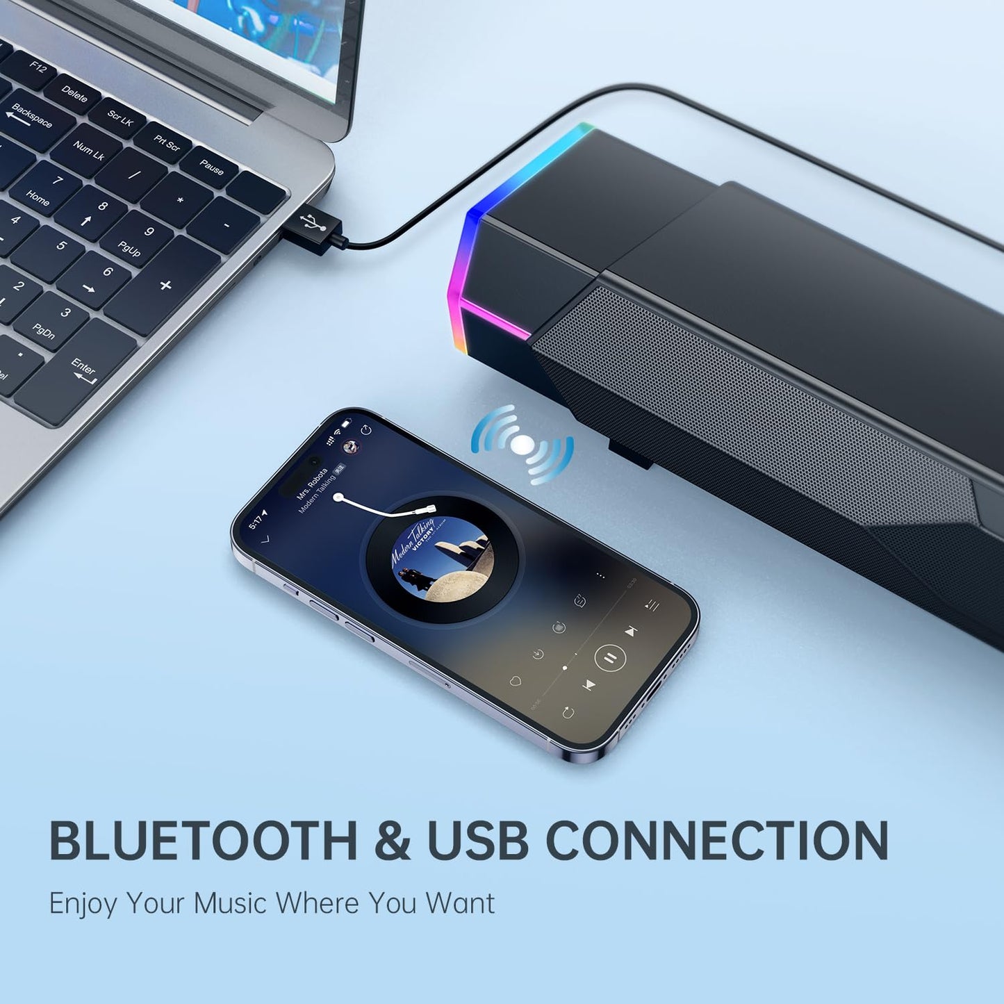 Bazivve V18 Plus Computer Speakers, USB Powered Bluetooth V5.3 Computer SoundBar, RGB PC Gaming Speakers for Desktop Laptop Phone, Black