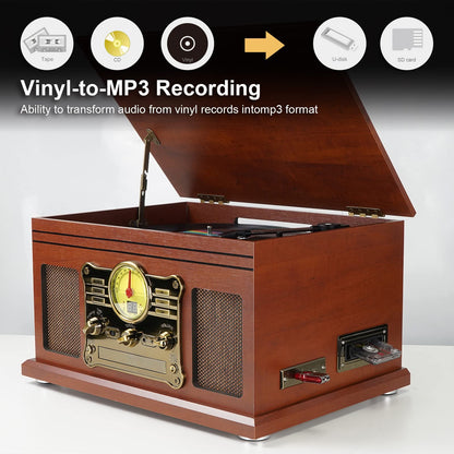 - 10-in-1 Bluetooth Record Player Multifunctional 3-Speed Turntable for Vinyl Record with Stereo Speaker,LP Vinyl to MP3 Converter with CD, Cassette Player,FM Radio,Wireless Music Streaming | Mahogany
