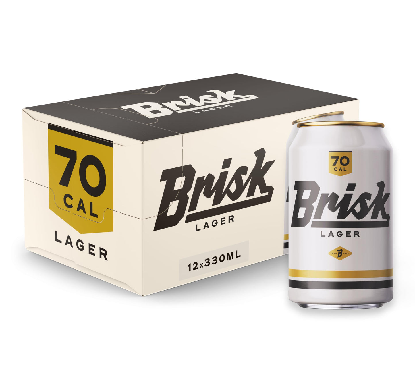 Brisk Lager - 70 Cal Beer, 3.3% ABV - All-Grain, Gluten-Free Beer, Full Flavoured Lager, Low Calorie Beer, Low Carb Beer, Premium Taste, 50% fewer calories, Keto Beer, 12 x 330ml cans