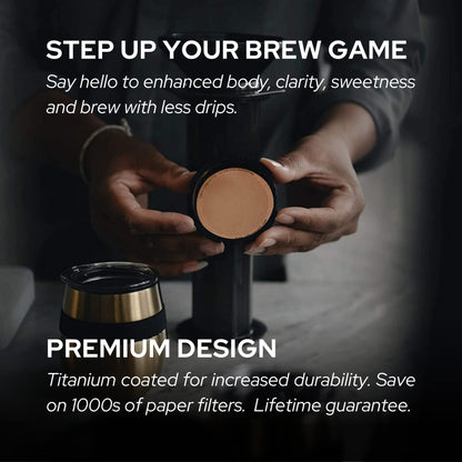 CAFE CONCETTO Filter for use in AeroPress Go/AeroPress Coffee Makers - Disc Superfine - Reusable - Premium Coated Stainless Steel (Rose Gold, Metal) - Brew Tips Included