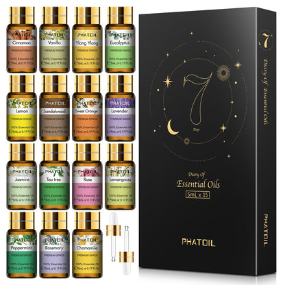- PHATOIL Essential Oils Set (15Pcs Oils | Pure Lavender,Eucalyptus,Jasmine,Lemongrass,Sweet Orange,Sandalwood,Peppermint,Vanilla,Rose,Lemon,Ylang Ylang,Chamomile,Tea Tree,Cinnamon,Rosemary
