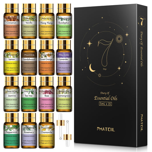 - PHATOIL Essential Oils Set (15Pcs Oils | Pure Lavender,Eucalyptus,Jasmine,Lemongrass,Sweet Orange,Sandalwood,Peppermint,Vanilla,Rose,Lemon,Ylang Ylang,Chamomile,Tea Tree,Cinnamon,Rosemary