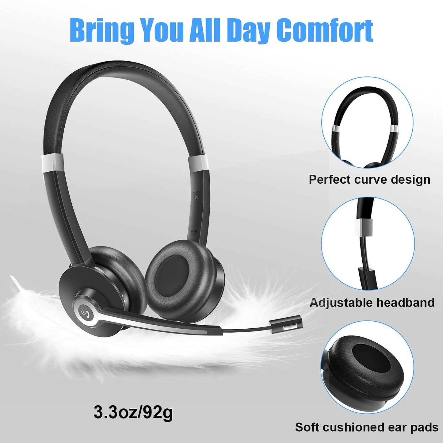 - YUWAKAYI Bluetooth Headset with Noise Canceling Microphone, V5.0, Mic Mute, Wireless Headphone for Laptop, Cell Phone, Tablet, Call Center, Office, Meeting,Online Class