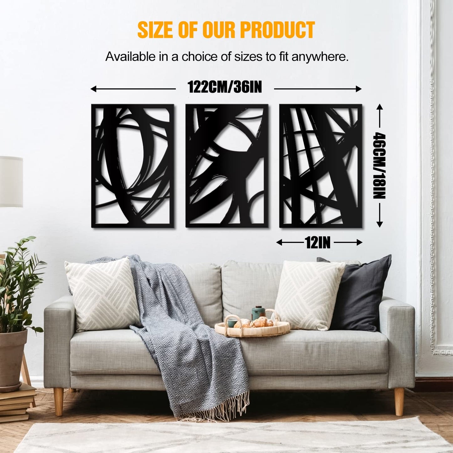 - WINUSD 3PCS 18 * 12in Abstract Black Metal Wall Art
