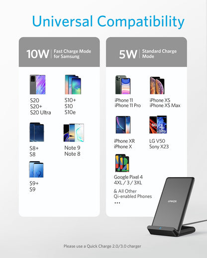 Anker Wireless Charger, PowerWave Stand, Qi-Certified for iPhone 15/14/13/12 Series, SE, 11, 11 Pro, 11 Pro Max, XR, Xs Max, 10W Fast-Charging Galaxy S20 S10 S9 S8, Note 10 (No AC Adapter)