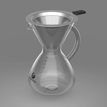 Coffee Gator Pour Over Coffee Maker – Stainless Steel Filter & Glass Dripper - Paperless Hand-Drip Brewer - Eco Friendly - Kitchen & Housewarming Gifts - 800ml
